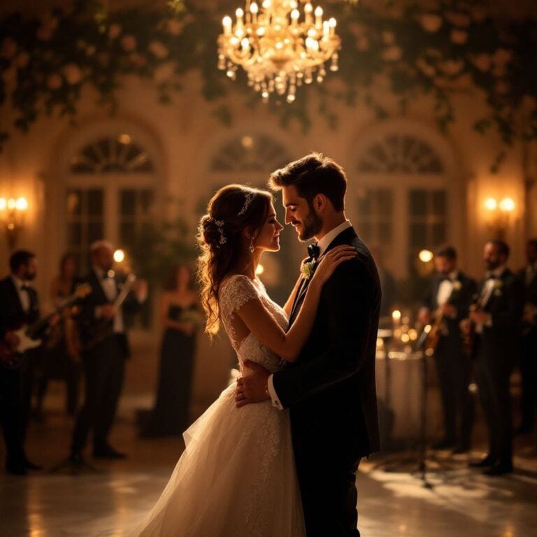 Glückliches Brautpaar beim Hochzeitstanz