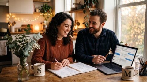 Paar plant seine Hochzeit in Bremen am Laptop mit ChatGPT