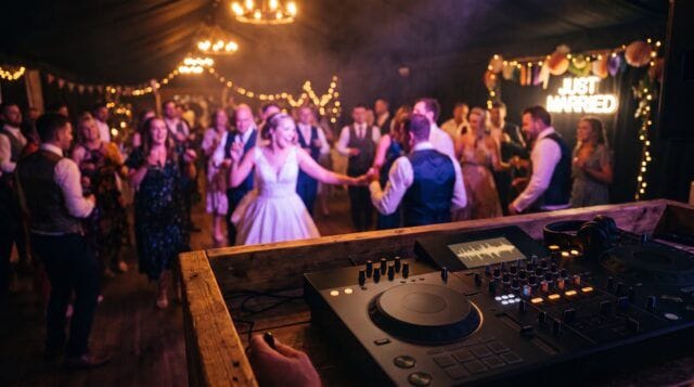 DJ-Pult im Vordergrund, dahinter eine volle Hochzeits-Tanzfläche mit Braut und Just-Married-Schriftzug