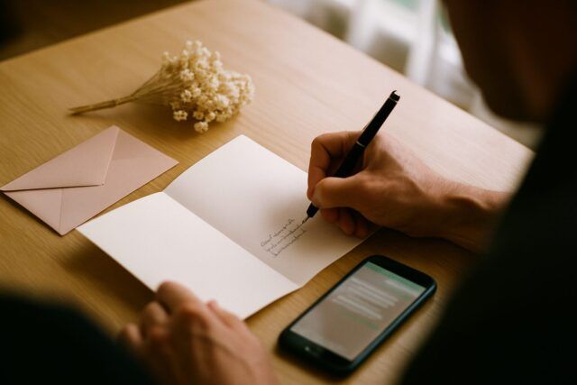Hand schreibt Glückwünsche in eine Hochzeitskarte, daneben ein Smartphone