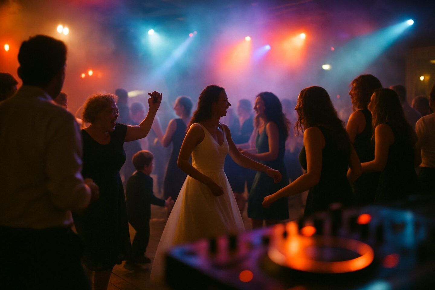 Volle Tanzfläche auf einer Hochzeit, Gäste aller Altersgruppen tanzen zusammen