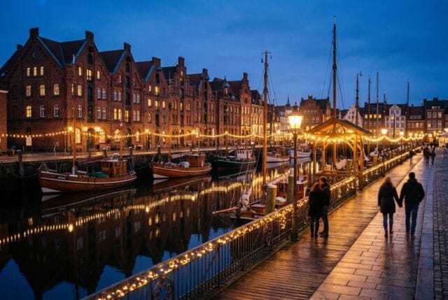 Hochzeit im Fischereihafen Bremerhaven: Kutter und Backsteinhäuser am Hafenbecken zur blauen Stunde