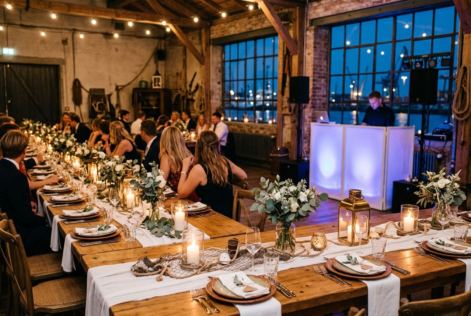 Hochzeit im Fischereihafen Bremerhaven: festliche Tafel mit maritimer Deko in historischer Halle