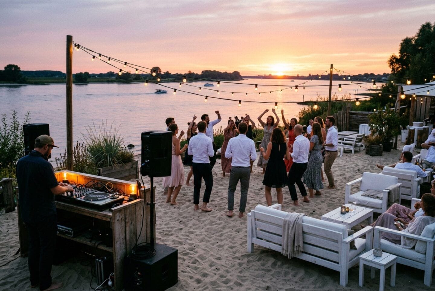 Hochzeit in der Sandbank Bremerhaven: Hochzeitsgesellschaft tanzt im Sand am Weserufer bei Sonnenuntergang