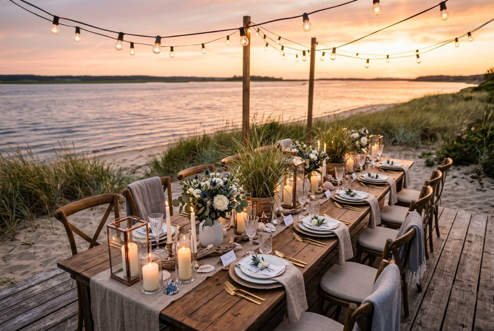 Hochzeit in der Sandbank Bremerhaven – Inspiration: maritim gedeckte Hochzeitstafel mit Lichterketten am Wasser