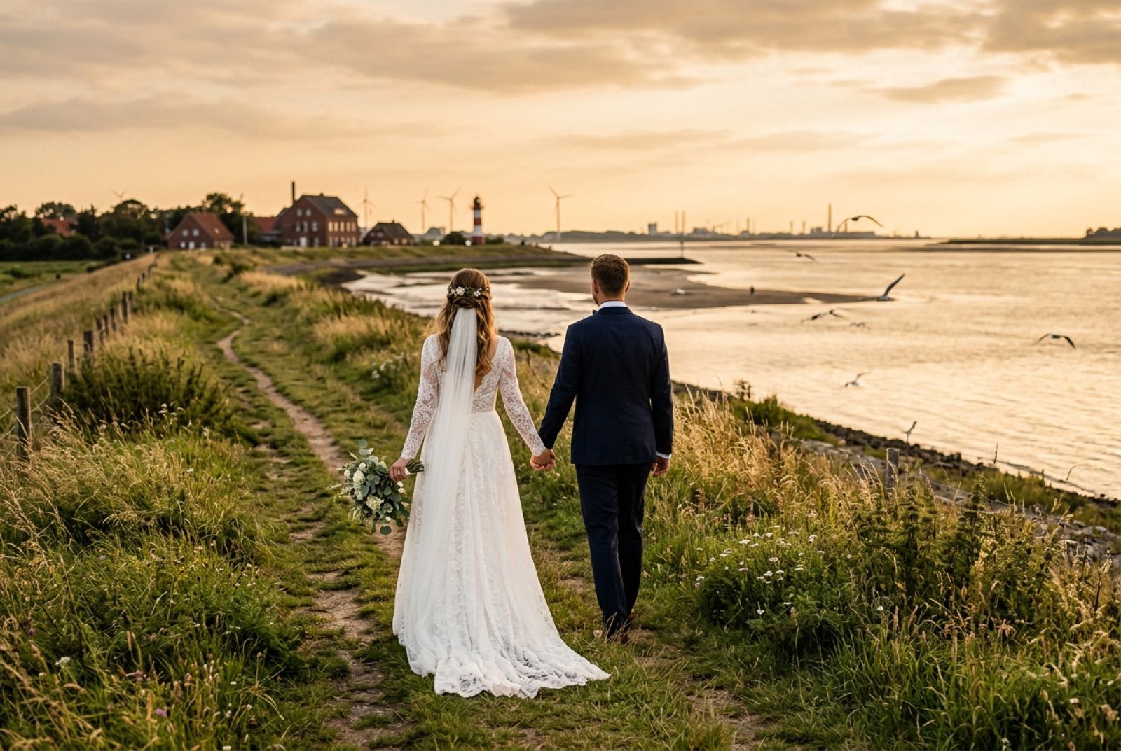 Hochzeit in der Strandhalle Bremerhaven: Brautpaar von hinten auf dem Deich an der Weser