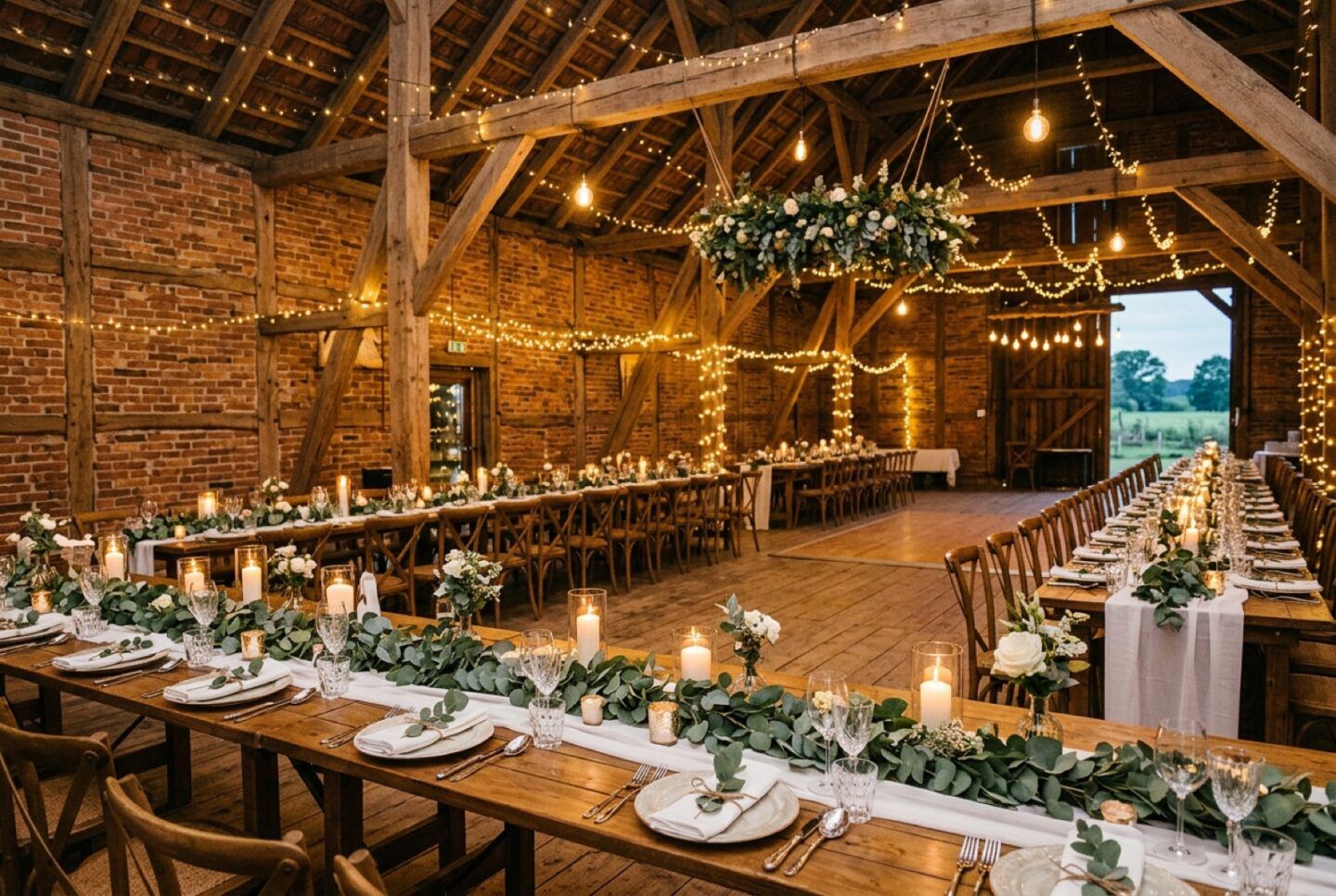 Hochzeit im Umland von Bremerhaven: festlich gedeckte Tafel mit Lichterketten in einer rustikalen Scheune