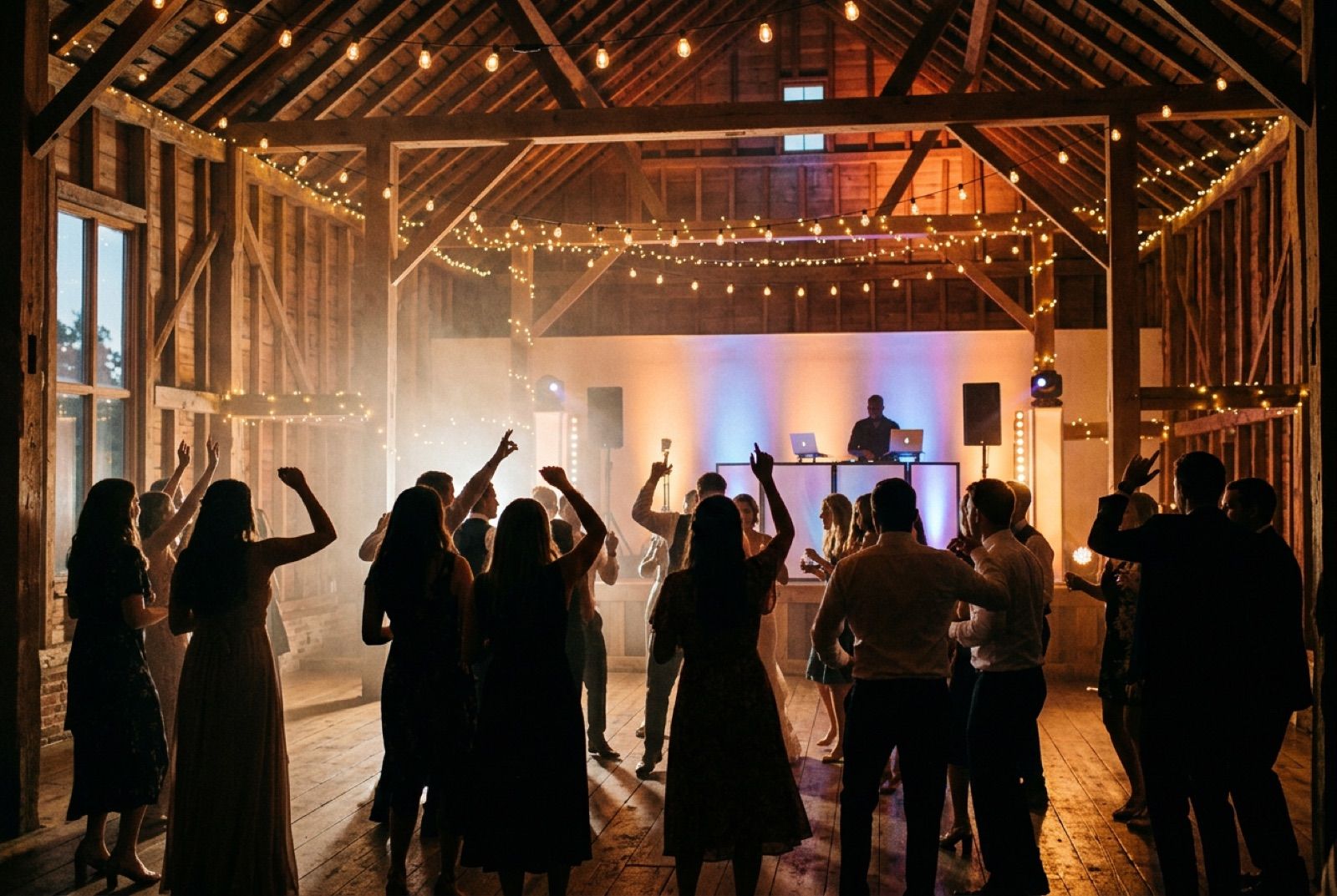 Hochzeit im Umland von Bremerhaven: tanzende Gäste von hinten auf der Tanzfläche einer Landhochzeit in der Scheune