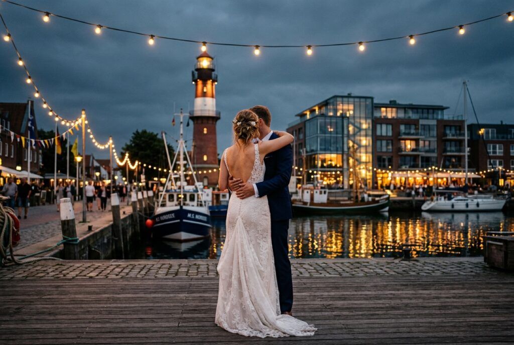 Hochzeits DJ in Bremerhaven – Brautpaar tanzt am Hafen mit Leuchtturm im Hintergrund