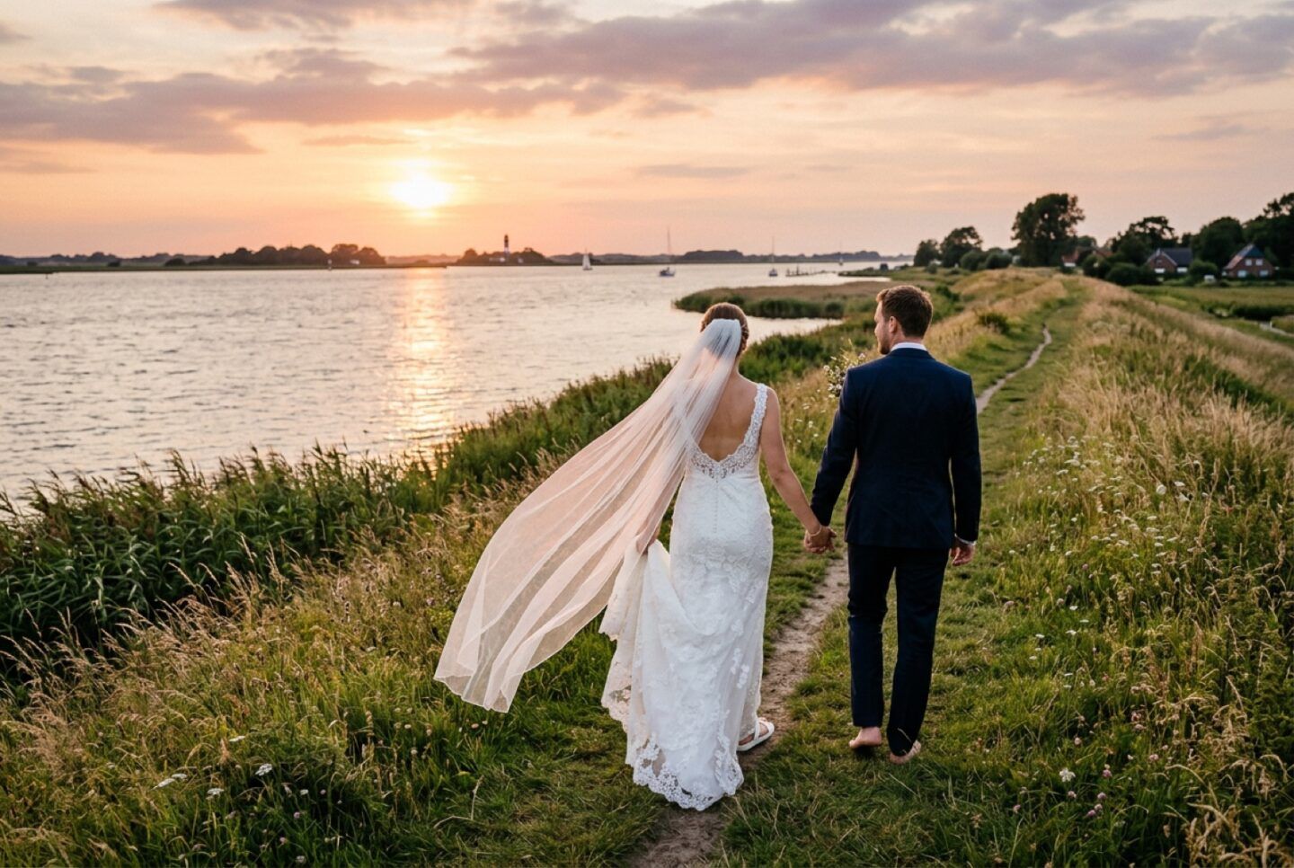Hochzeitsfotos in Bremerhaven: Brautpaar von hinten am Weserdeich zur goldenen Stunde