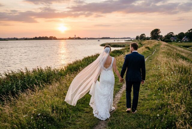 Hochzeitsfotos in Bremerhaven: Brautpaar von hinten am Weserdeich zur goldenen Stunde