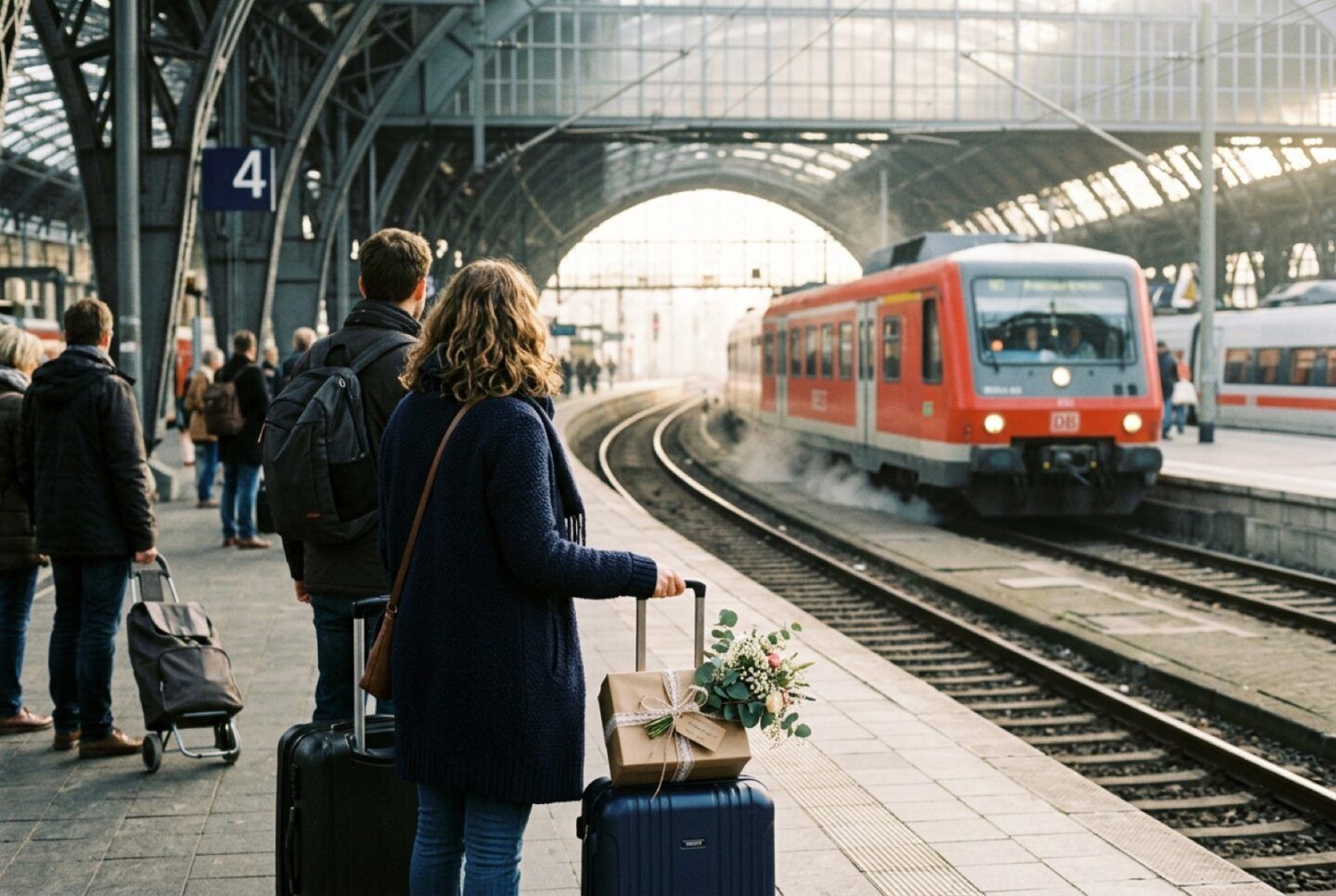 Hochzeitsgäste in Bremerhaven: Anreisende mit Koffern von hinten auf einem Bahnsteig