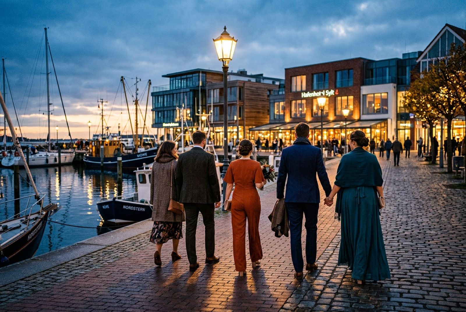Hochzeitsgäste in Bremerhaven: festlich gekleidete Gäste von hinten auf einer Hafenpromenade am Abend