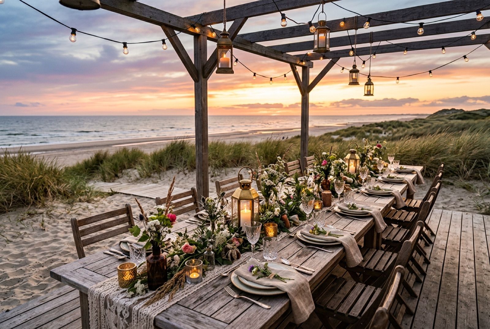 Hochzeitslocations in Bremerhaven: festliche Tafel am Strand bei Sonnenuntergang