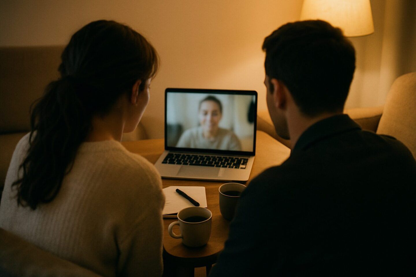 Paar auf dem Sofa beim Videoanruf mit dem Hochzeits-DJ am Laptop
