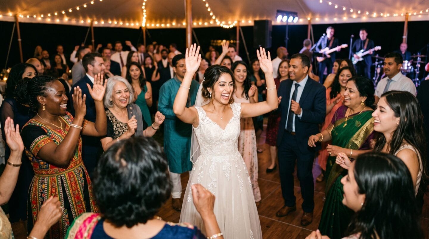 Gäste verschiedener Kulturen und Generationen tanzen gemeinsam auf einer Hochzeit