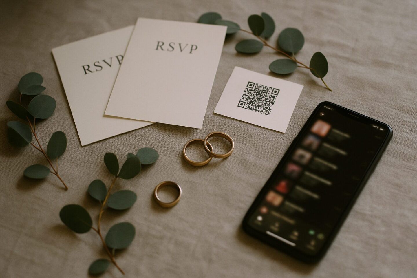 Antwortkarten zur Hochzeit, Smartphone mit Musik-Playlist und Eheringe