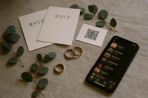 Antwortkarten zur Hochzeit, Smartphone mit Musik-Playlist und Eheringe