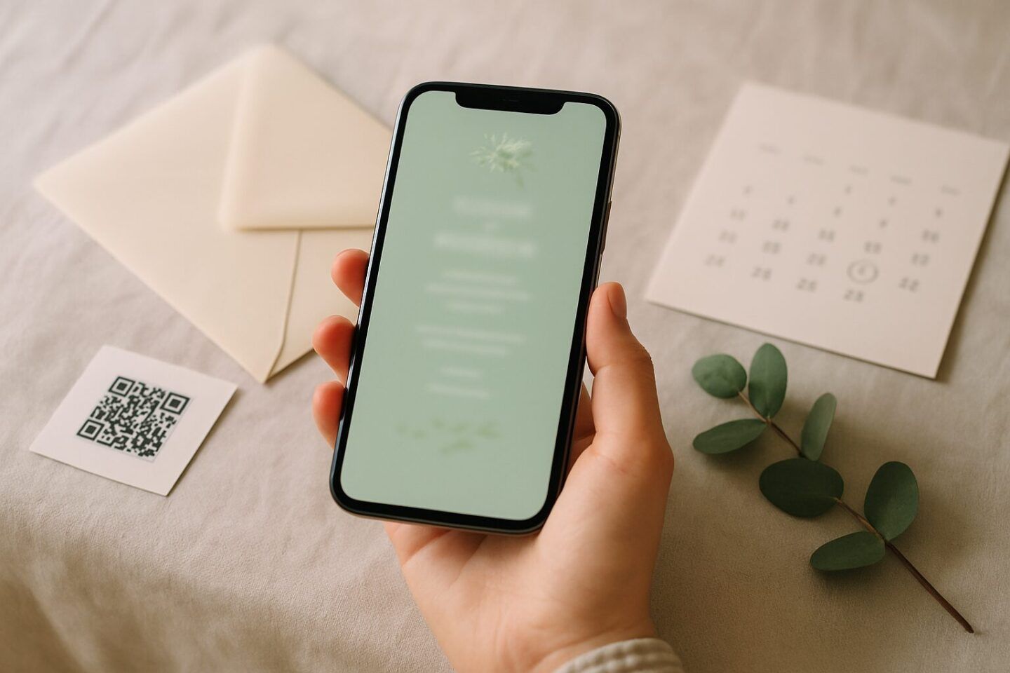 Smartphone mit digitalem Save the Date, daneben Briefumschlag, QR-Code-Karte und Kalender