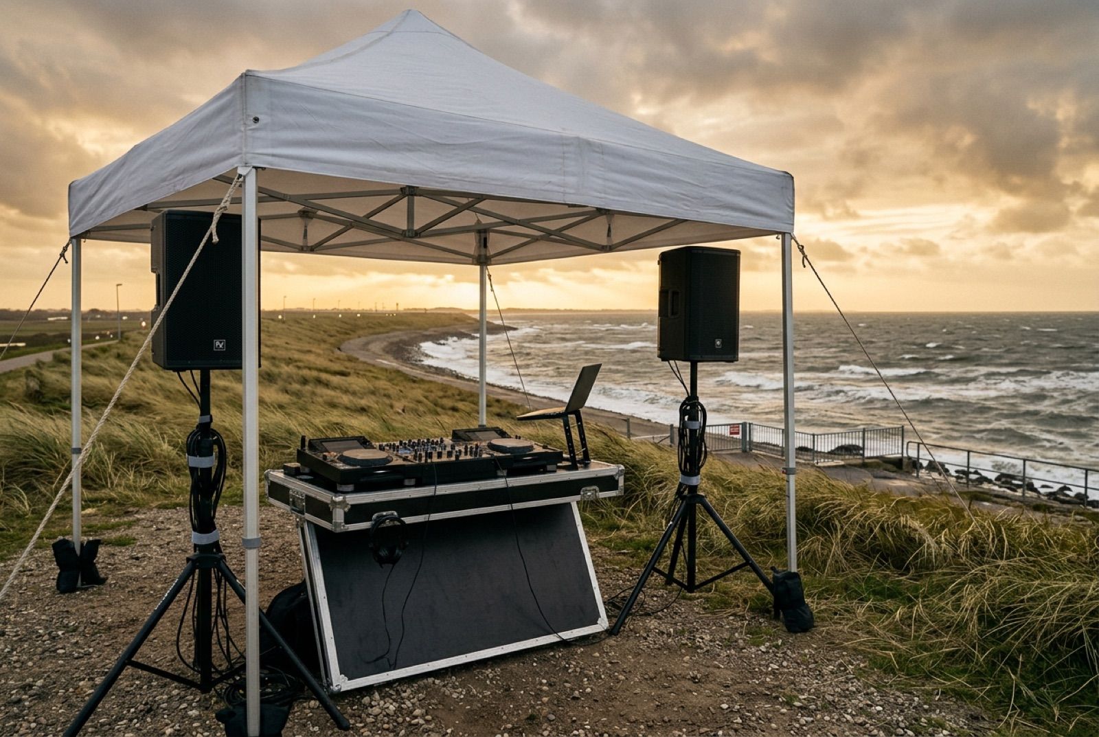 Strandhochzeit an der Wurster Nordseeküste: wetterfeste DJ-Technik unter einem Pavillon am Deich
