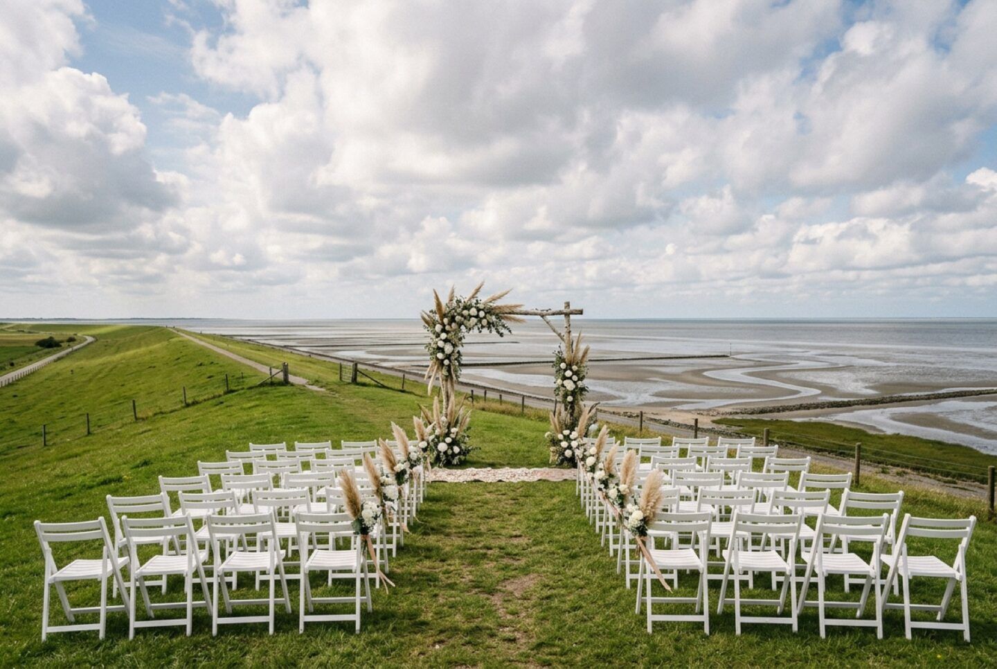 Strandhochzeit an der Wurster Nordseeküste: Zeremonie-Aufbau mit weißen Stühlen auf dem Deich am Wattenmeer